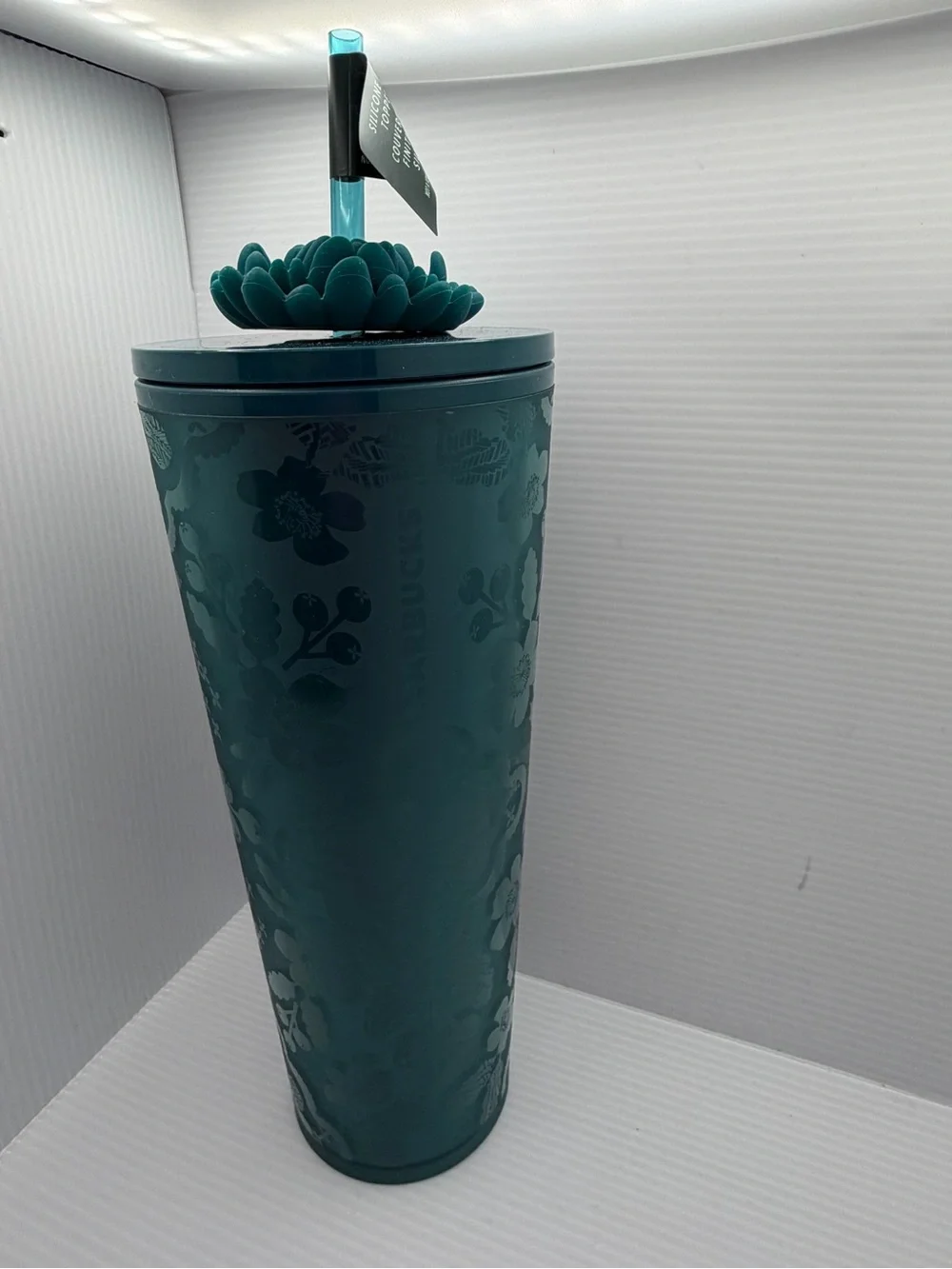 Starbucks Teal Floral Cold Cup Tumbler with Blooming Flower-Topped Straw